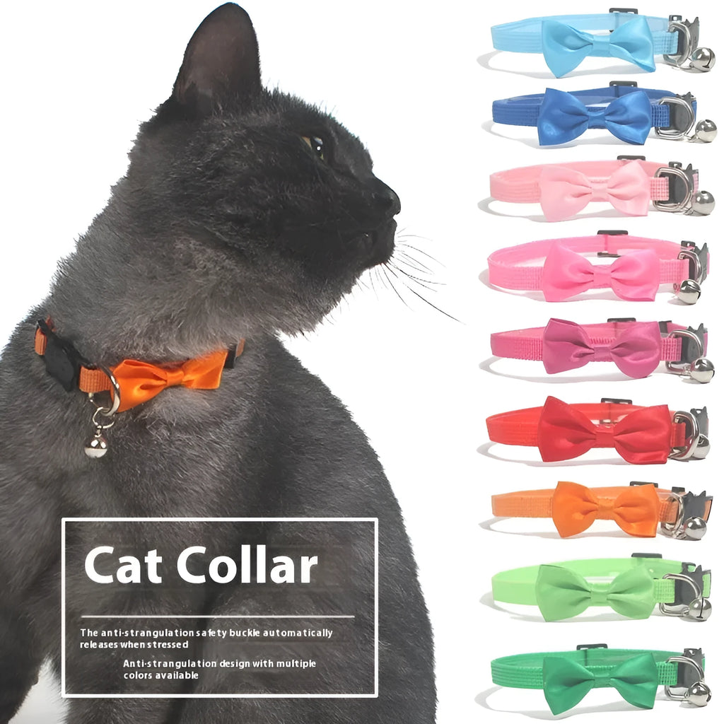 Adjustable cat bow collar with bell in striped nylon, multiple colour options shown