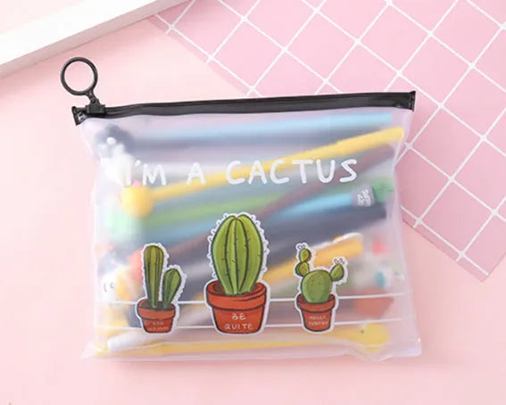 Set of twenty colourful cactus cartoon design gel pens with black ink and a matching pen case.