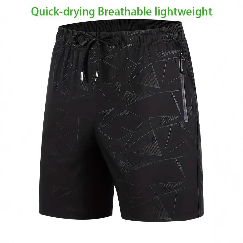 Men's loose fit polyester sports shorts with elastic waistband in black, grey, and blue colours