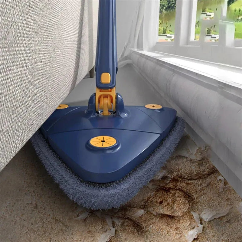 Blue triangle cleaning mop with rotating head and extendable stainless steel pole