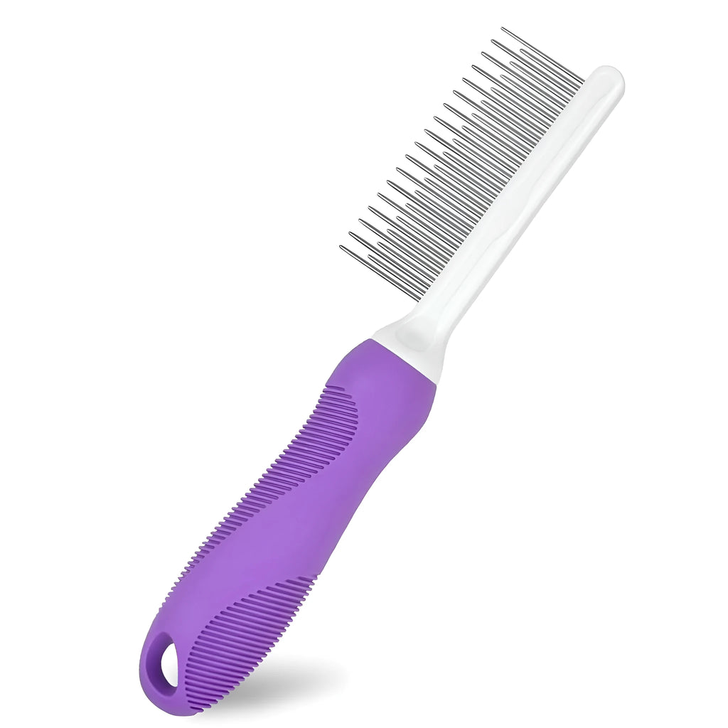 Purple pet grooming comb with stainless steel teeth on white background showing long and short tooth design