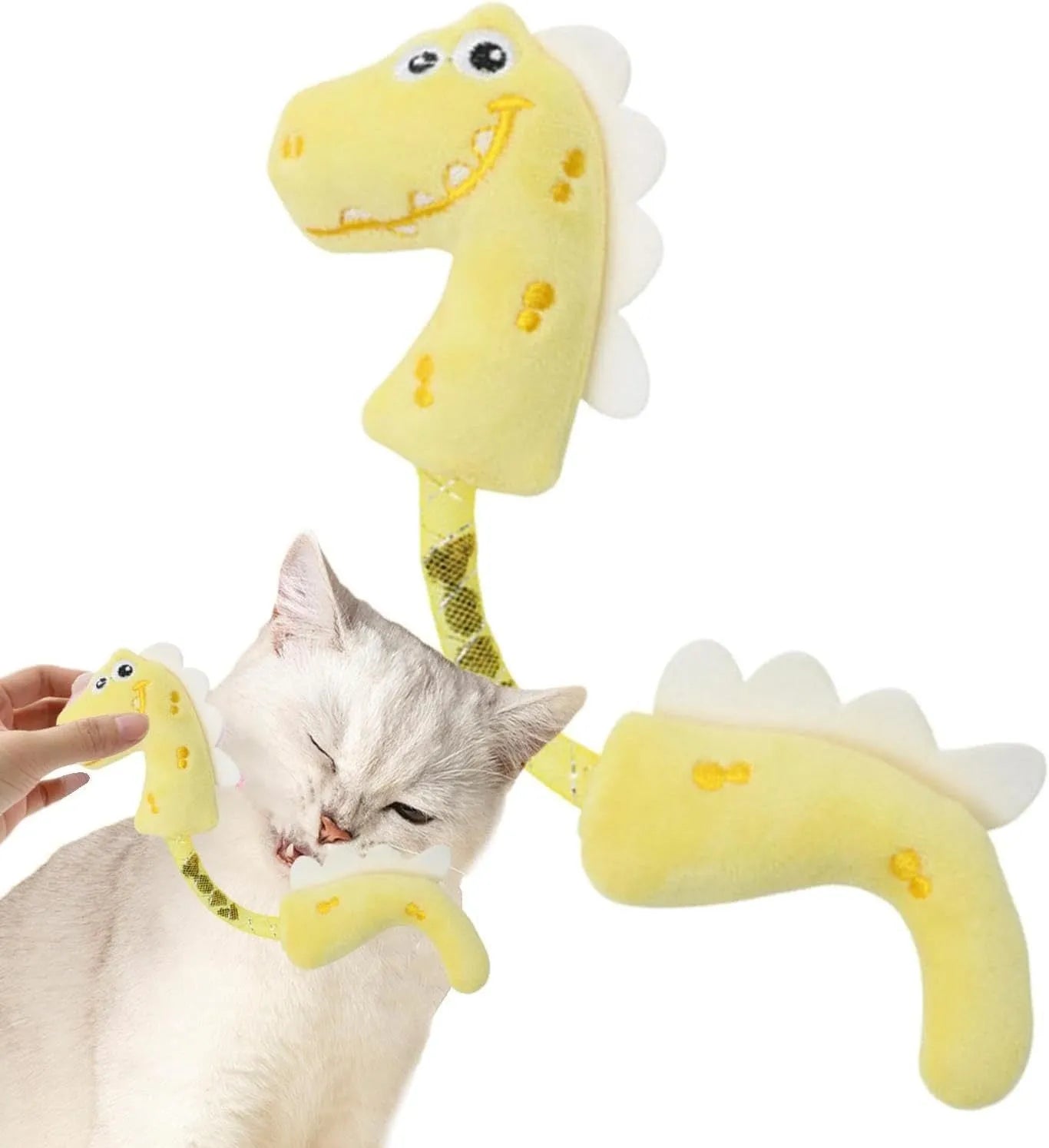 Set of four cat toys including rope, spring, and plush types in various colours