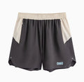 Men's loose grey workout shorts with elastic waist and lace-up closure for gym training