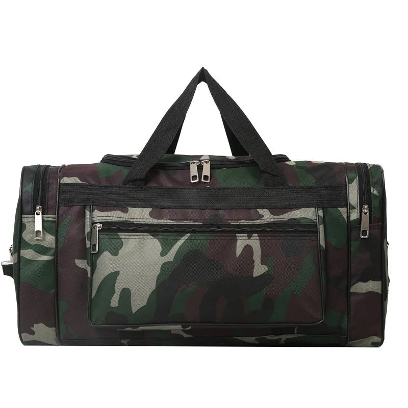 Camouflage pattern luggage bag with waterproof fabric construction and striped polyester lining interior