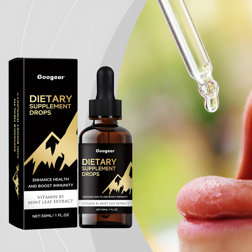 30 ml bottle of dietary supplement drops with a glass dropper on a white background.