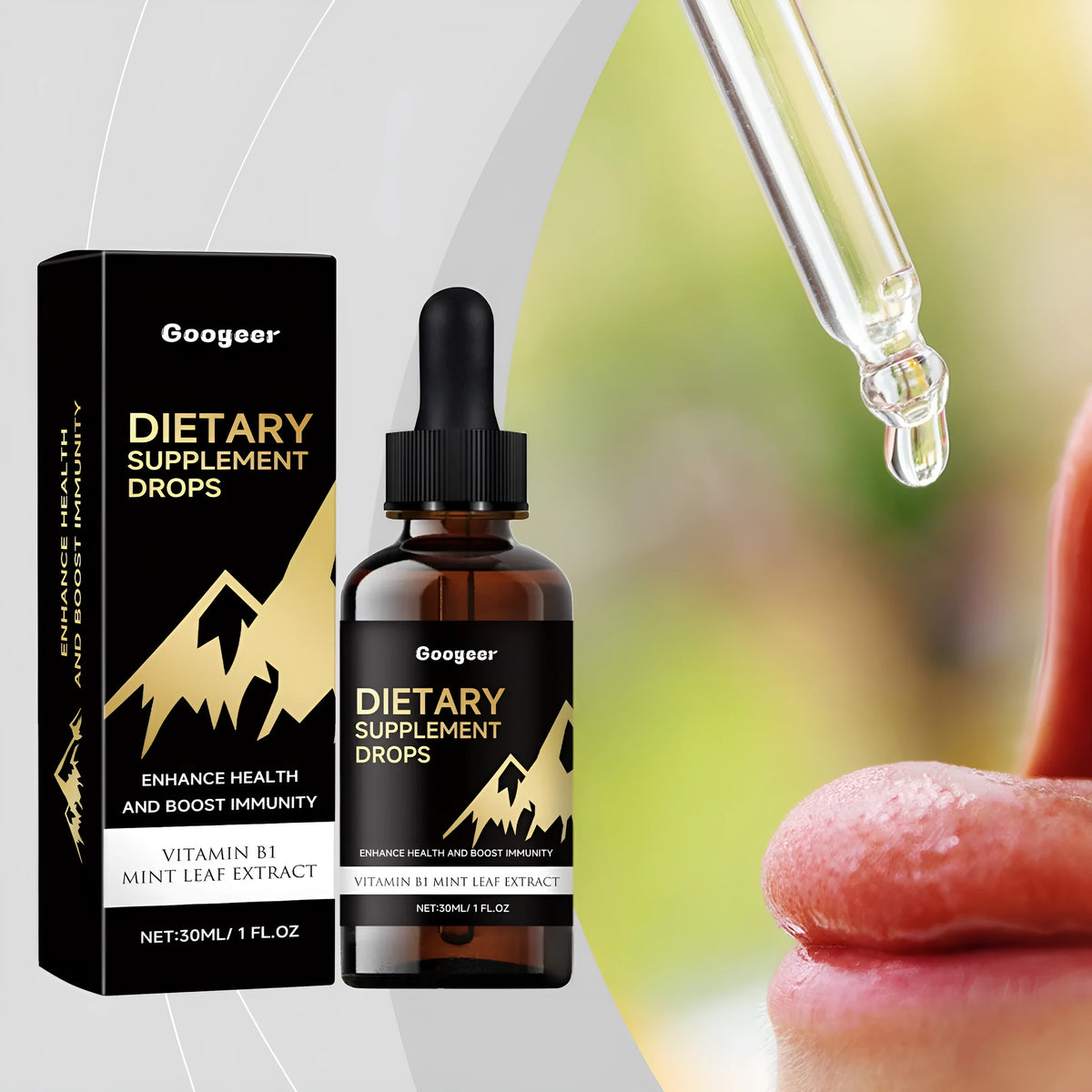 30 ml bottle of dietary supplement drops with a glass dropper on a white background.