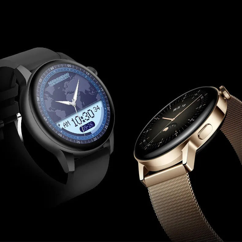 Square stainless steel smart watch with colour screen showing time, placed on a wrist.
