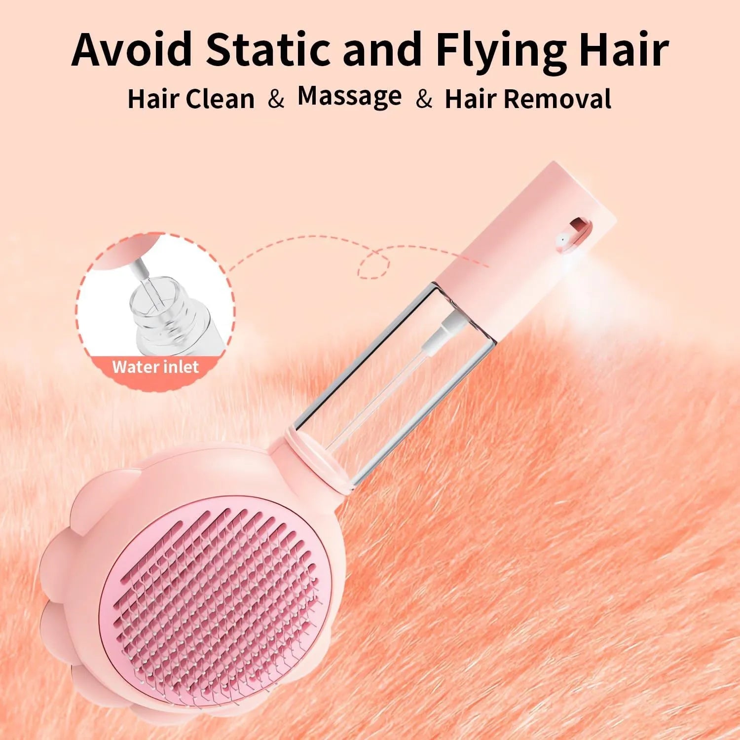 Grey, green, and pink spray cat brush with a release button and curved stainless steel bristles.