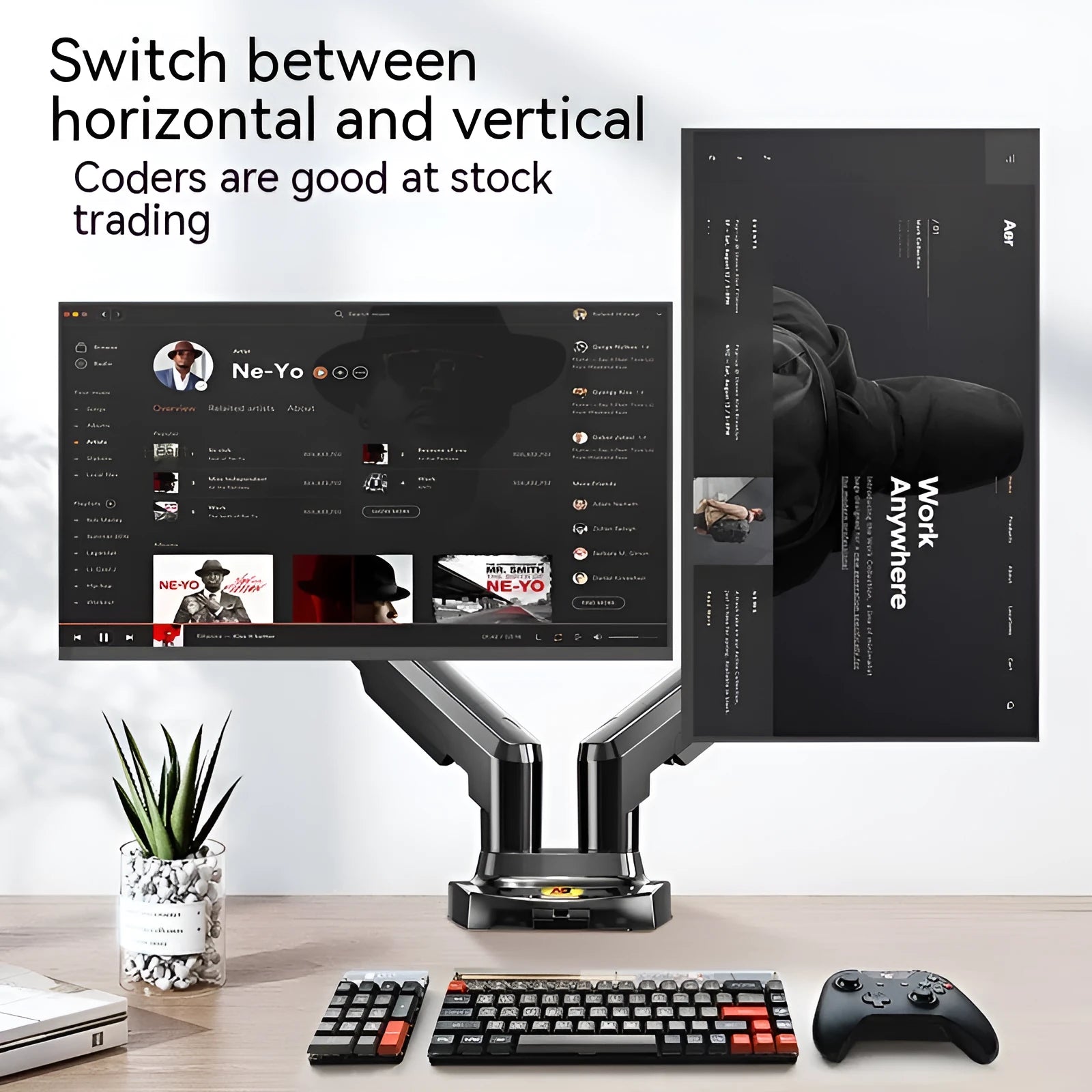 Dual screen lifting monitor bracket for VESA compatible monitors in aluminium and plastic construction.