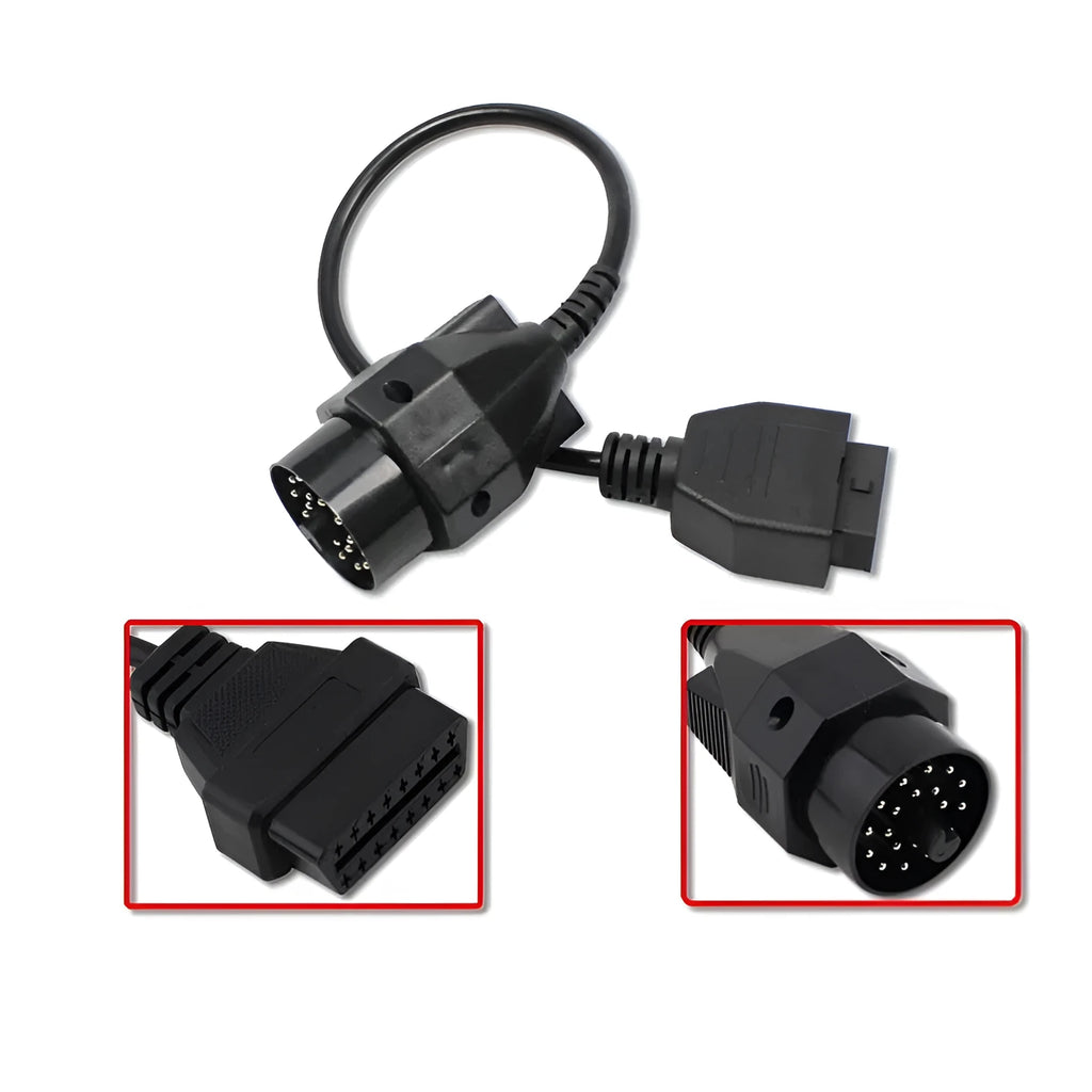 BMW OBD2 diagnostic adapter cable showing 20-pin plug and standard 16-pin female socket