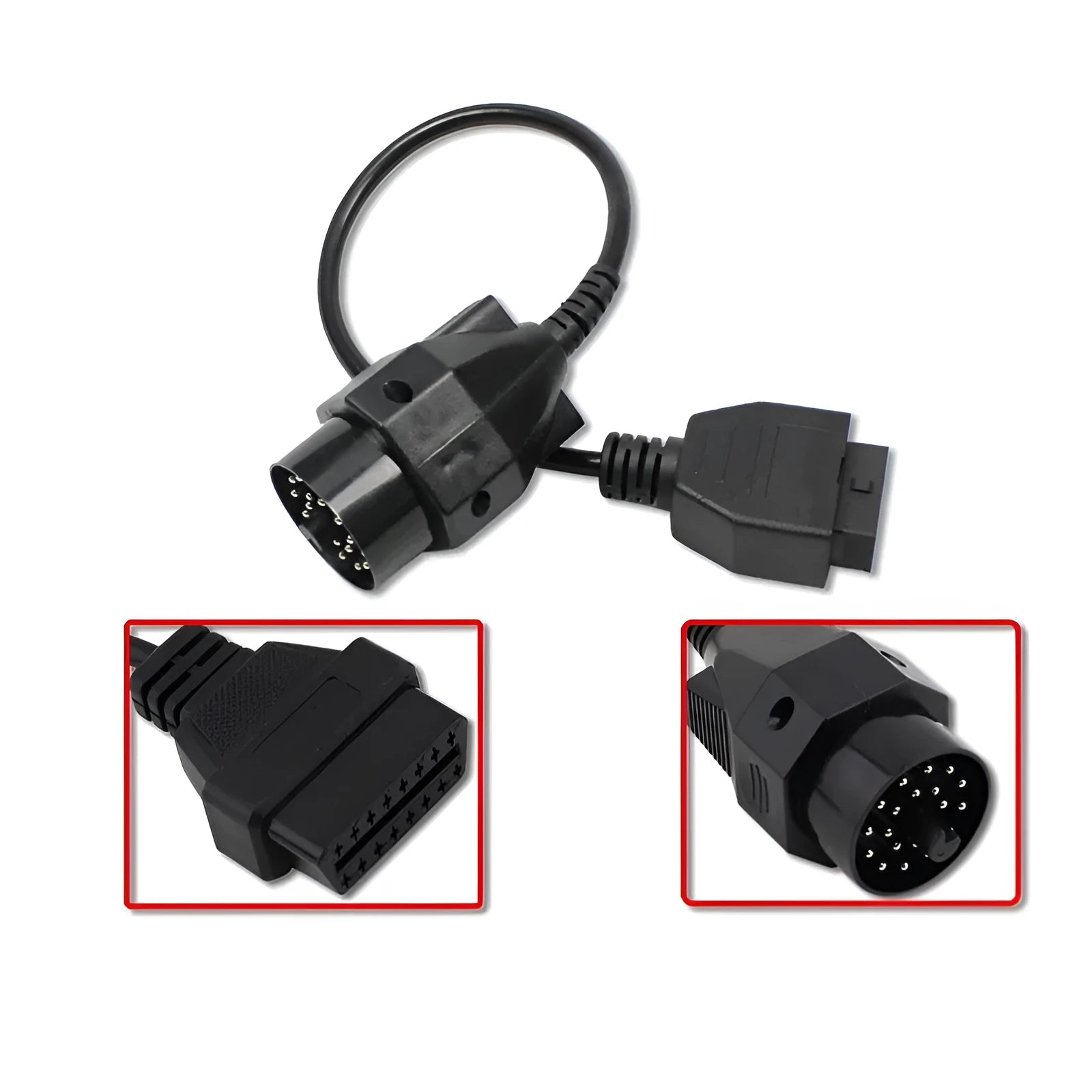 BMW OBD2 diagnostic adapter cable showing 20-pin plug and standard 16-pin female socket