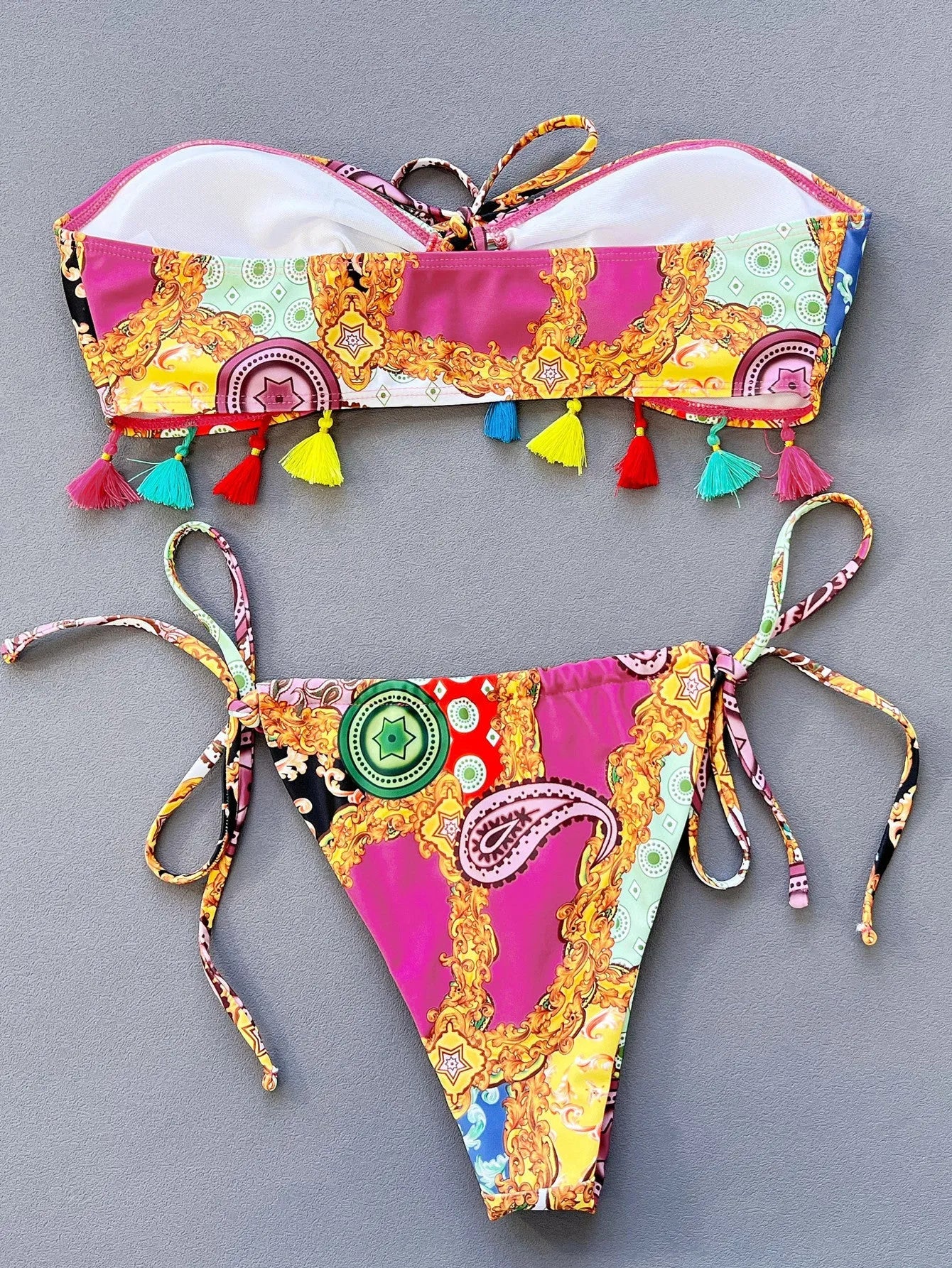 Women's printing colour separated tube top bikini set with briefs for swimming sports