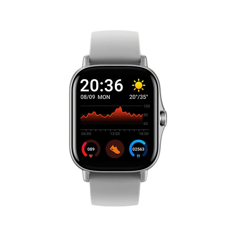 GT20 smartwatch with 1.75 inch touch screen, alloy case and silicone strap showing heart rate and call features