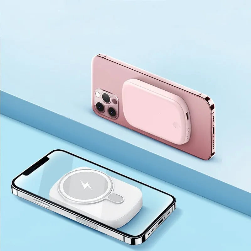 Magsafe magnetic power bank in Barbie Pink, Gentleman's Black, Lightning Purple, and Ivory White with wireless charging function