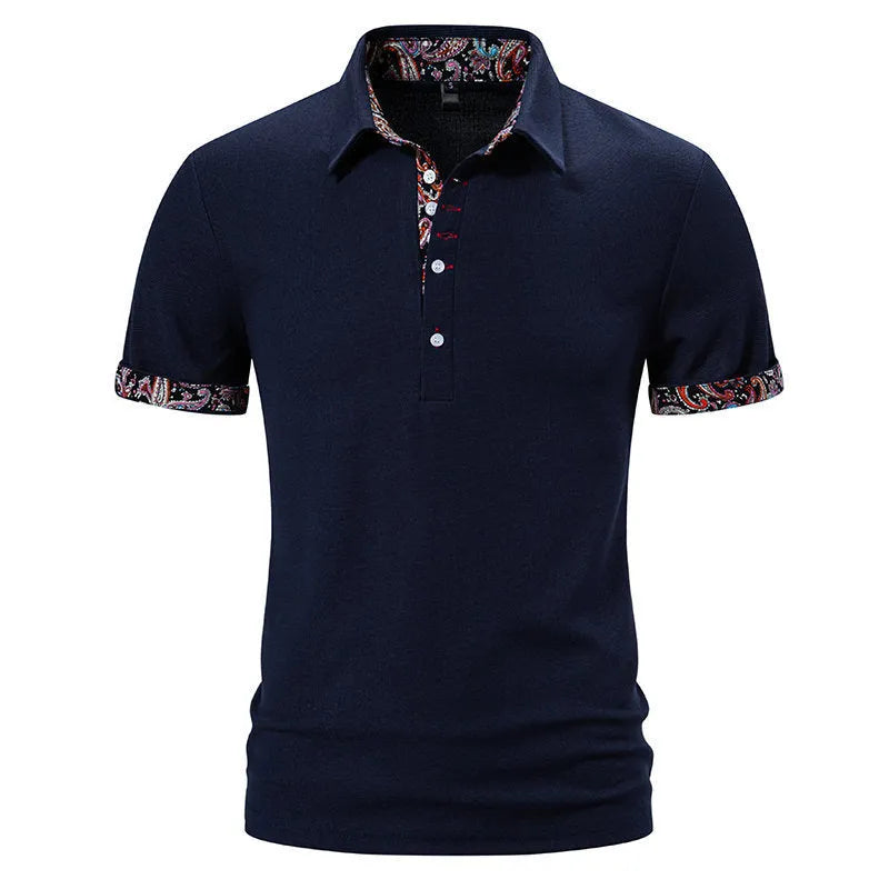 Men's navy blue polo shirt with white stitching on the turnover collar and short sleeves.