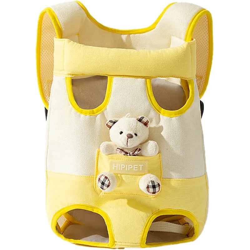 Cartoon animal pattern soft canvas pet carrier chest bag with colourful stitching and removable crossbody strap