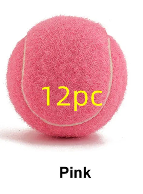 Blue, green, pink, and yellow 6.3cm rubber dog tennis balls for bite-resistant fetch play.