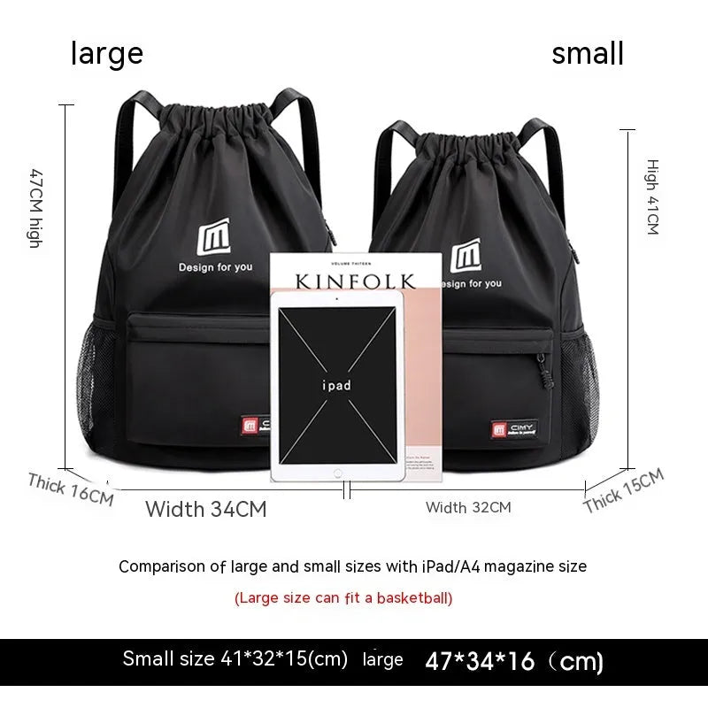 Unisex grey Oxford fabric drawstring travel backpack shown folded and unfolded