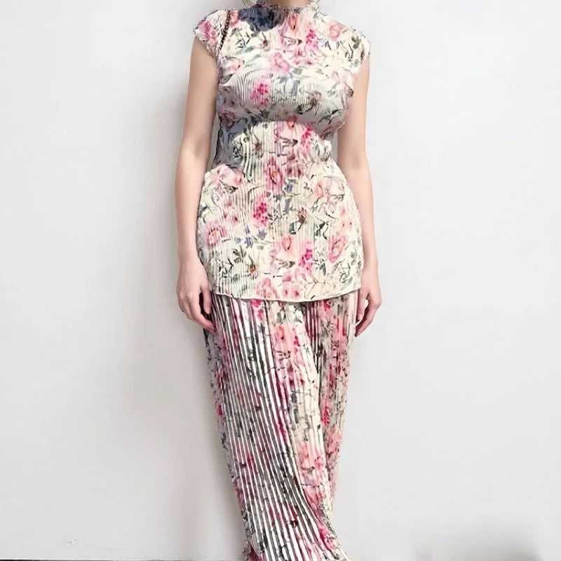 Women's long sleeve printed chiffon two-piece dress with floral pattern and high-waist skirt.