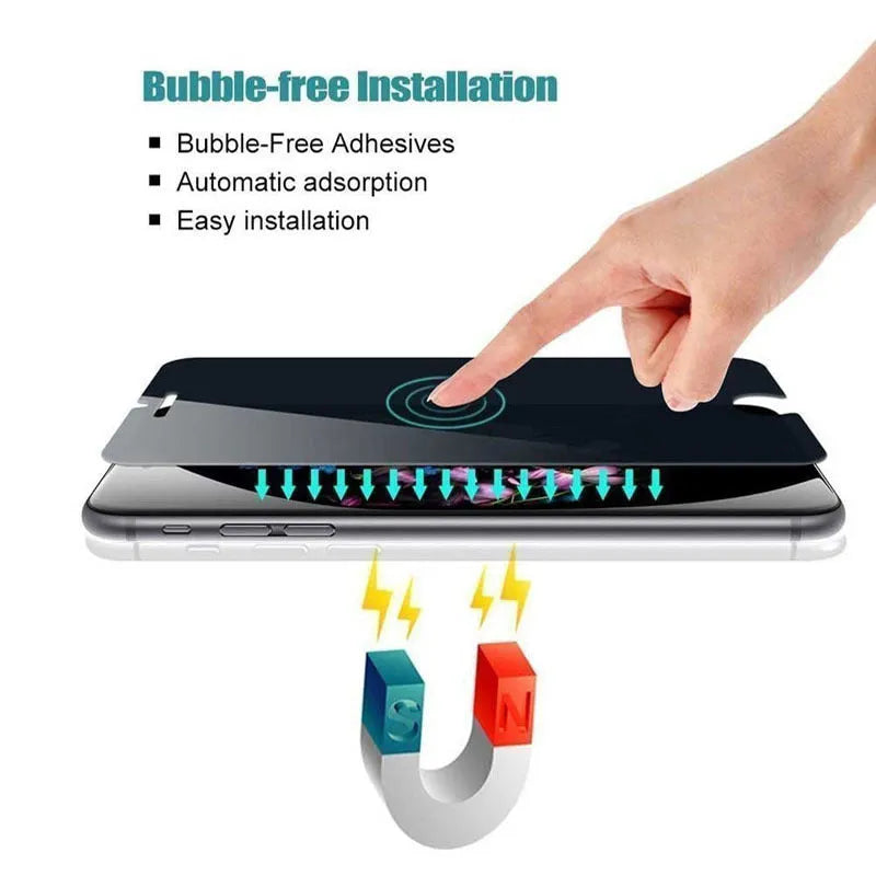 Black anti-peeping tempered glass screen protector for various iPhone models.