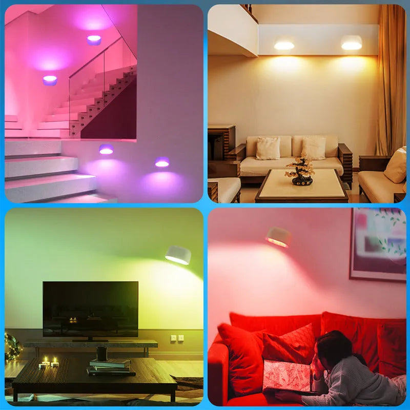 Oval-shaped remote control magnetic wall lamp with punch-free adhesive mounting on a wall.