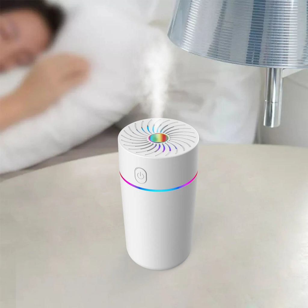 Compact USB car humidifier with aromatherapy function showing black and white colour options for vehicle use