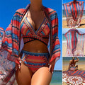Women's three-piece swimsuit set with cutout blouse, high-waist briefs, and coat in polyester fabric