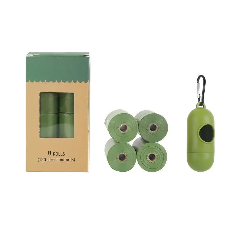 Roll of EPI degradable, thickened pet waste bags in green, shown with a lavender scent or unscented label option.
