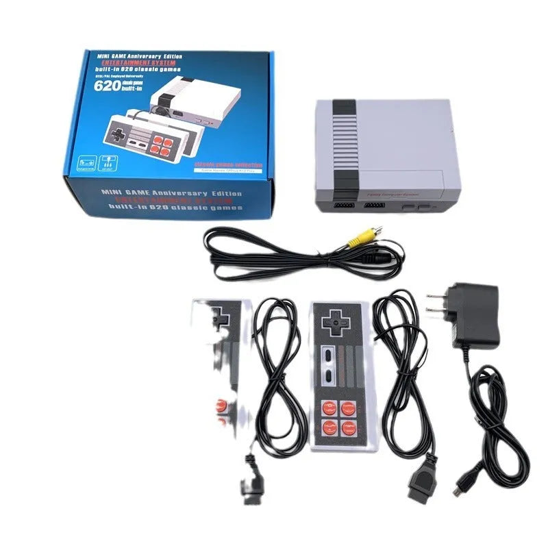 NES retro game console with two controllers and AV cable on grey background