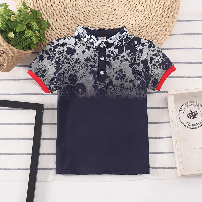 Boys' red cotton short sleeve t-shirt with a lapel collar on a hanger.