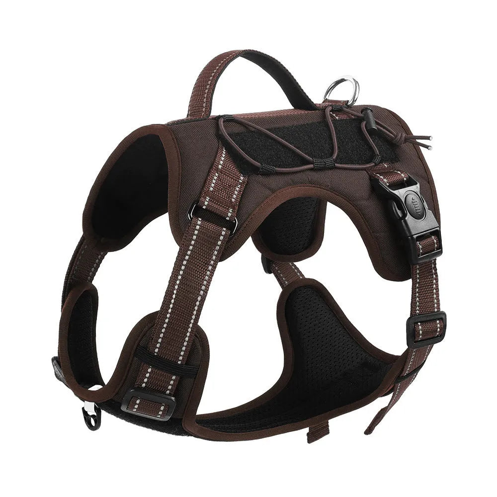 Orange explosion-proof dog harness vest with black reflective strips and an integrated black hand-holding rope.