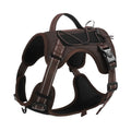Orange explosion-proof dog harness vest with black reflective strips and an integrated black hand-holding rope.