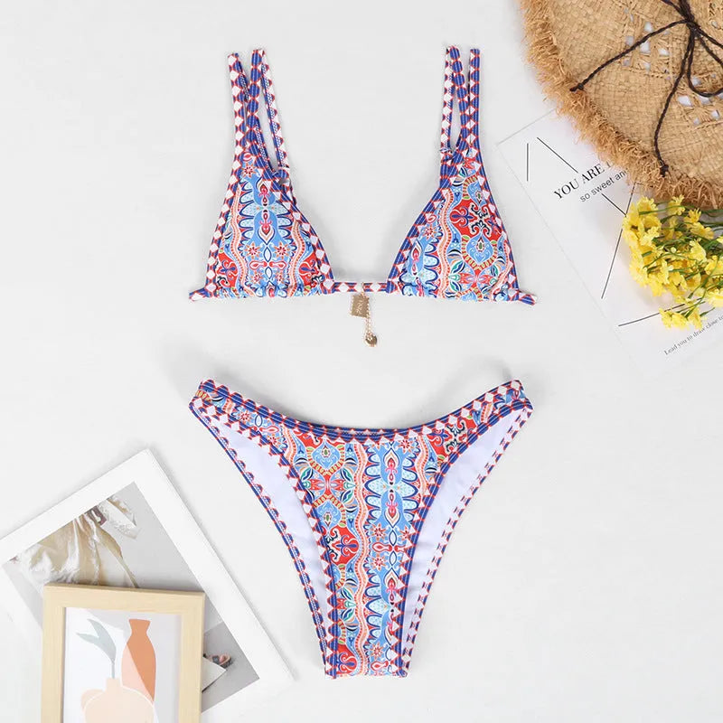 Retro printed women's swimwear bikini in polyester fabric for swimming sports