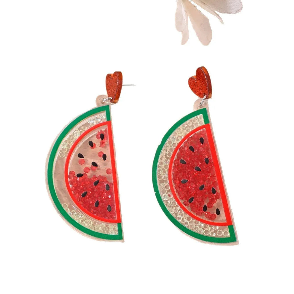 Colourful acrylic earrings shaped like cherry, strawberry, watermelon, pineapple, coconut tree, cake, and ice cream