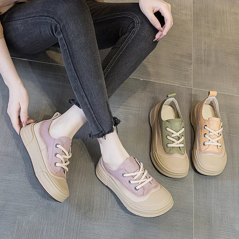 Women's low-top leather platform sneakers in matcha green, purple, or orange with round toe and front laces.