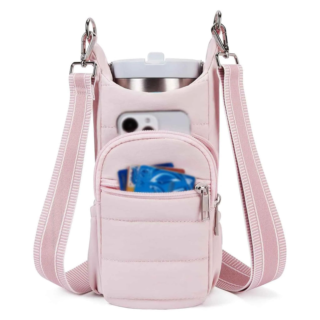 Cloth water bottle bag for bicycles in black, pink, or beige colours