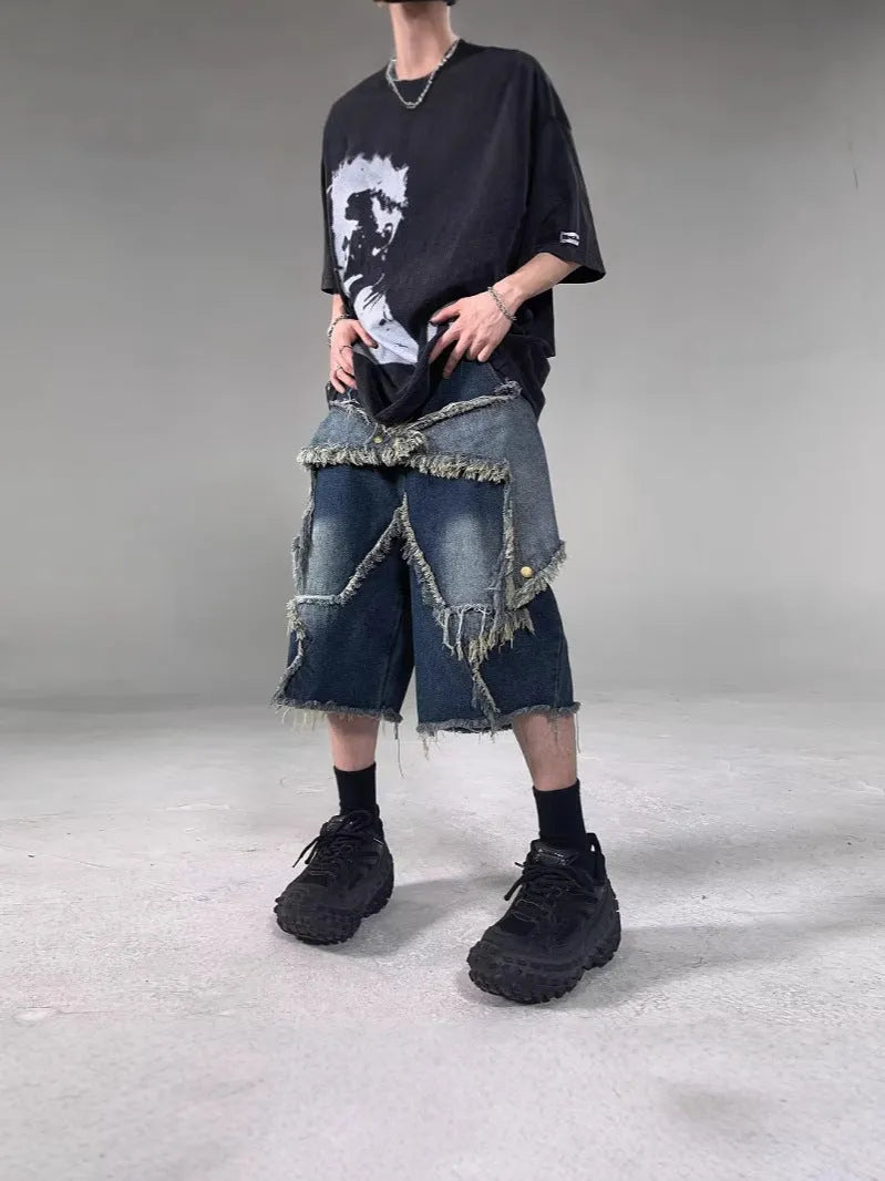 Blue retro denim shorts with frayed five-pointed star design and loose fit for men