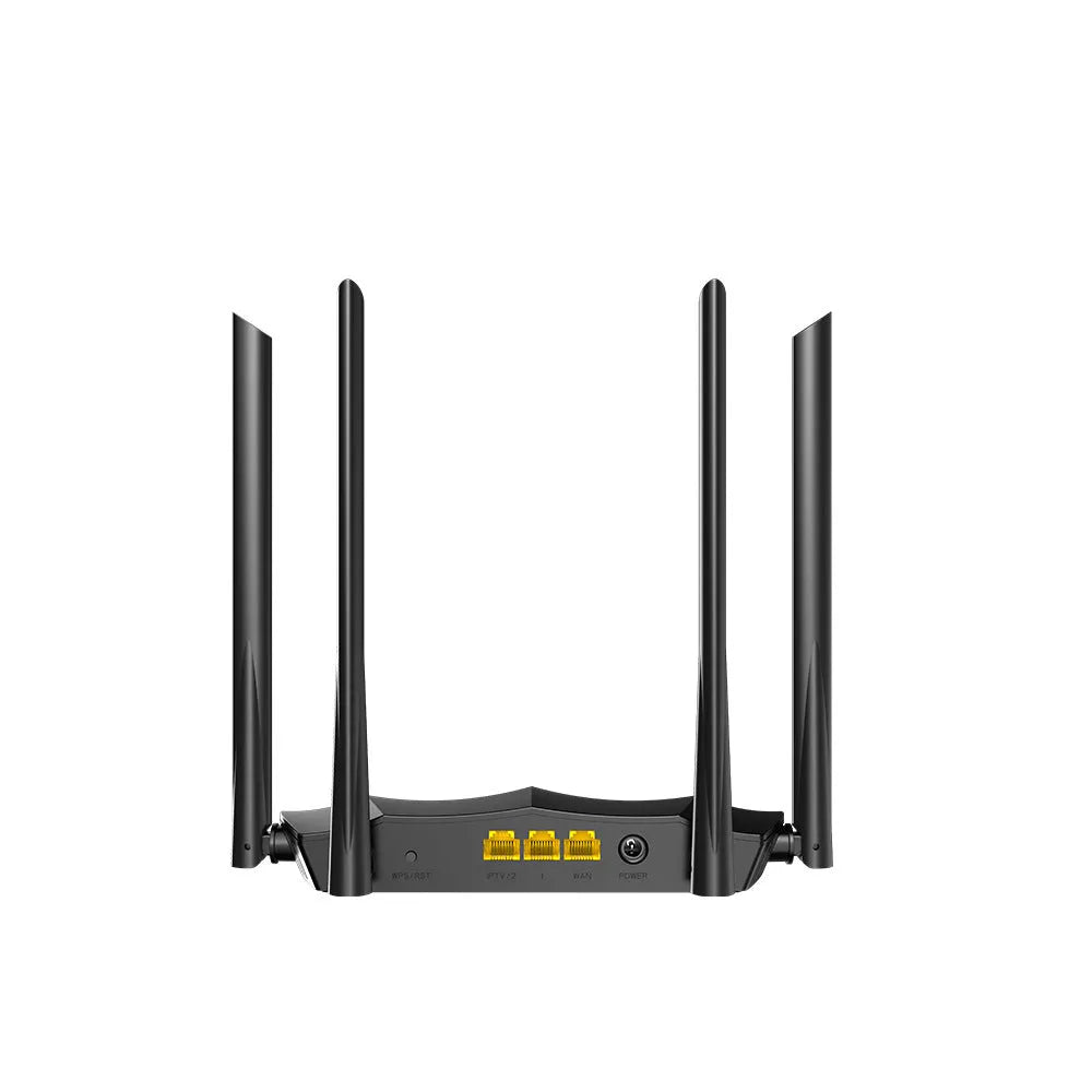 AC8 dual-band wireless gigabit router with compact black design on a desk.