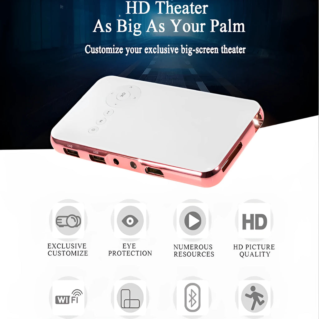 White and rose gold M6S miniature portable DLP projector with smartphone