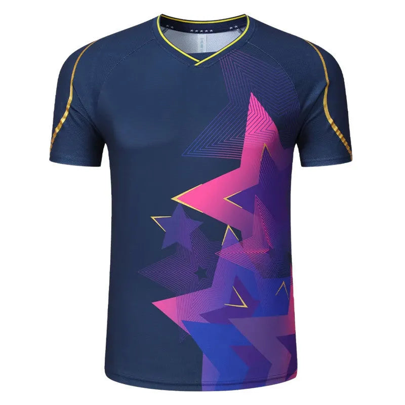 Sapphire blue and purple badminton sportswear outfit with short-sleeved top and trousers for men and women