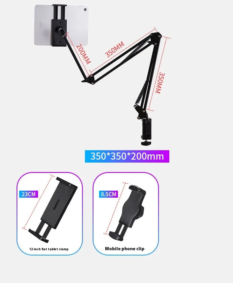 Black foldable metal cantilever bracket holding a tablet on a desk.