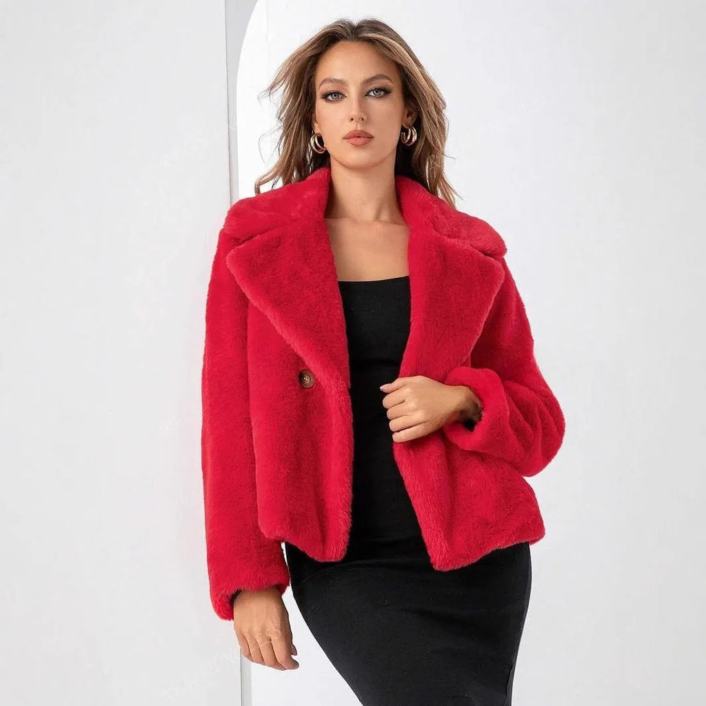 Women's loose short faux fur coat in rose red with regular sleeves